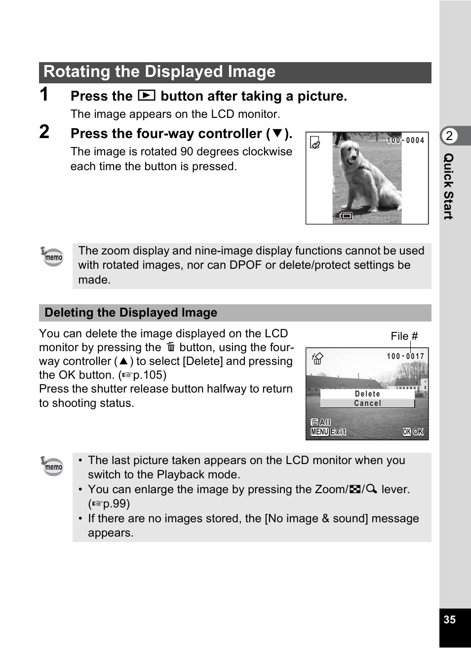 Rotating the displayed image, Press the q button after taking a picture, Press the four-way controller ( 3 ) | 2qu ick star t, Deleting the displayed image | Pentax MX4 User Manual | Page 37 / 148