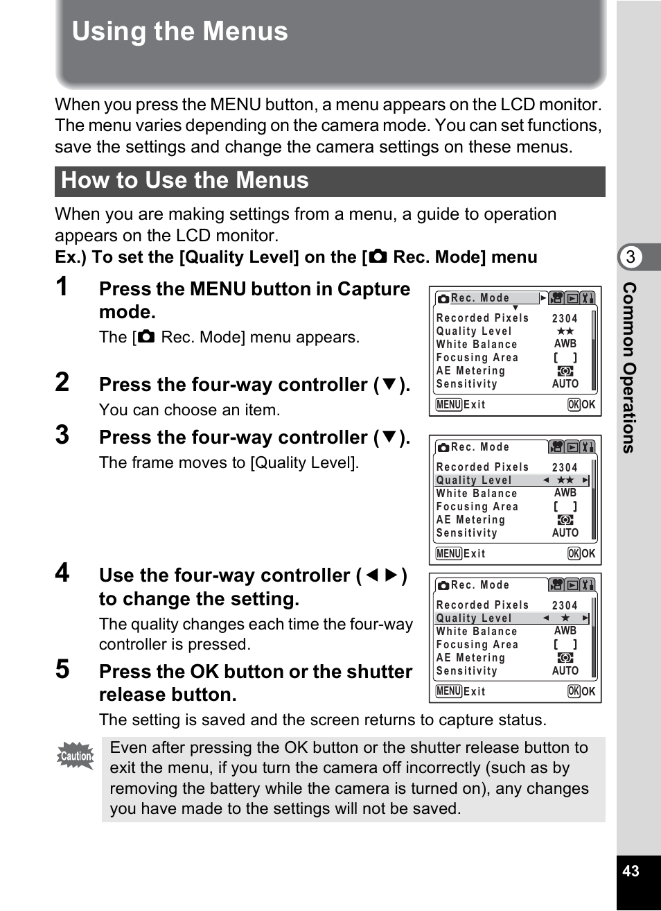 Using the menus, How to use the menus, P.43) | 1p.43, P.43, Press the menu button in capture mode, Press the four-way controller ( 3 ), Press the ok button or the shutter release button | Pentax MX4 User Manual | Page 45 / 148