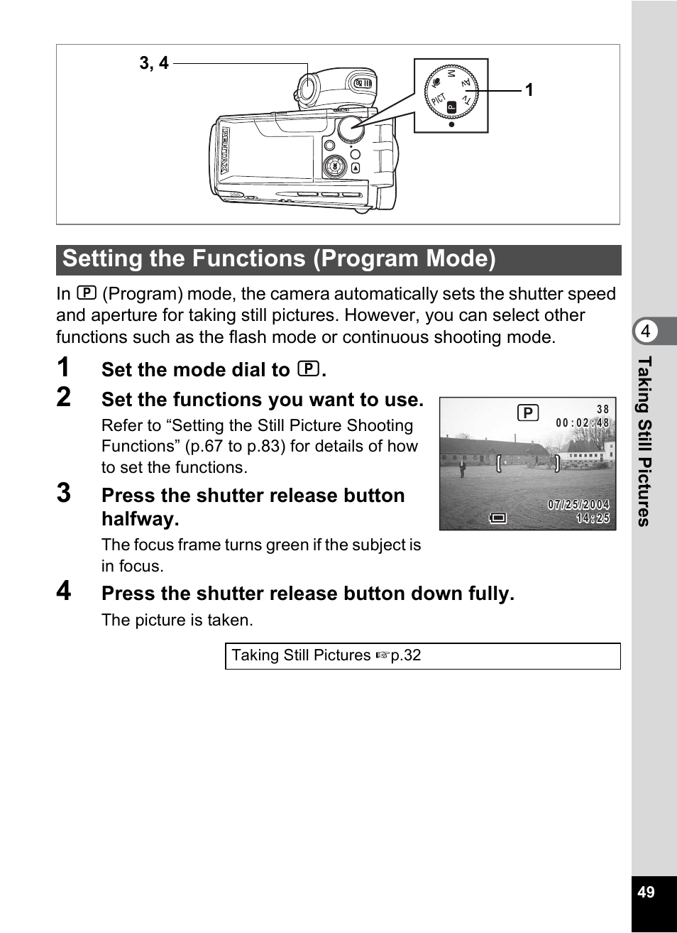 Setting the functions (program mode), P.49, Set the mode dial to r | Set the functions you want to use, Press the shutter release button halfway, Press the shutter release button down fully | Pentax MX4 User Manual | Page 51 / 148
