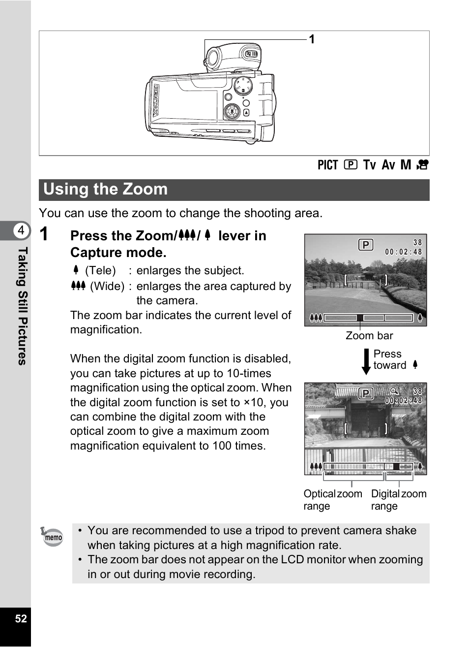 Using the zoom, 1p.52, P.52 | Press the zoom/ w / x lever in capture mode | Pentax MX4 User Manual | Page 54 / 148