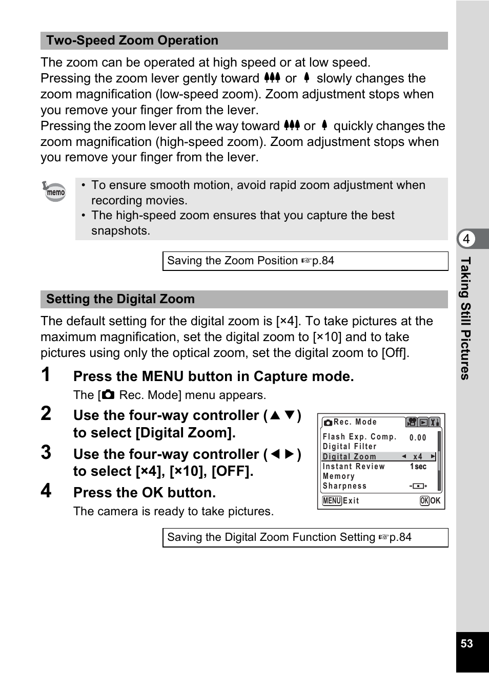Press the menu button in capture mode, Press the ok button | Pentax MX4 User Manual | Page 55 / 148