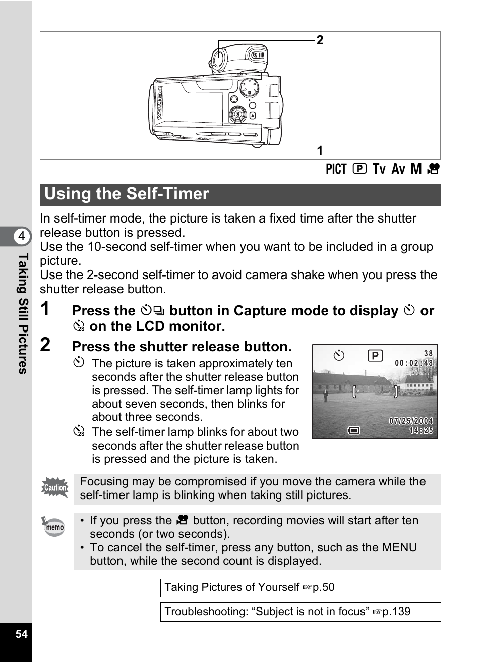 Using the self-timer, 1p.54, Press the shutter release button. g | Pentax MX4 User Manual | Page 56 / 148