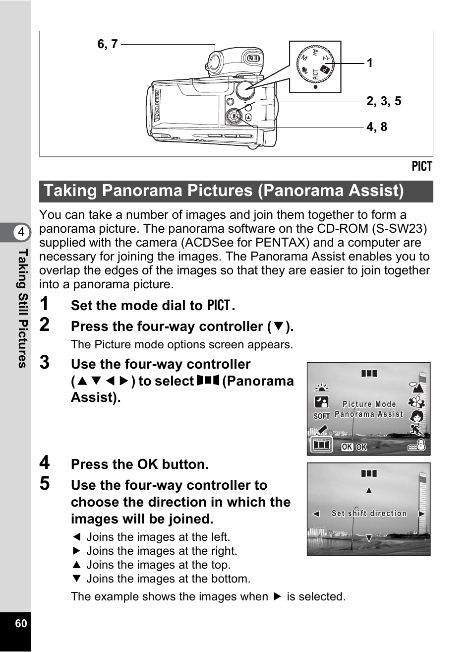 Taking panorama pictures (panorama assist) | Pentax MX4 User Manual | Page 62 / 148