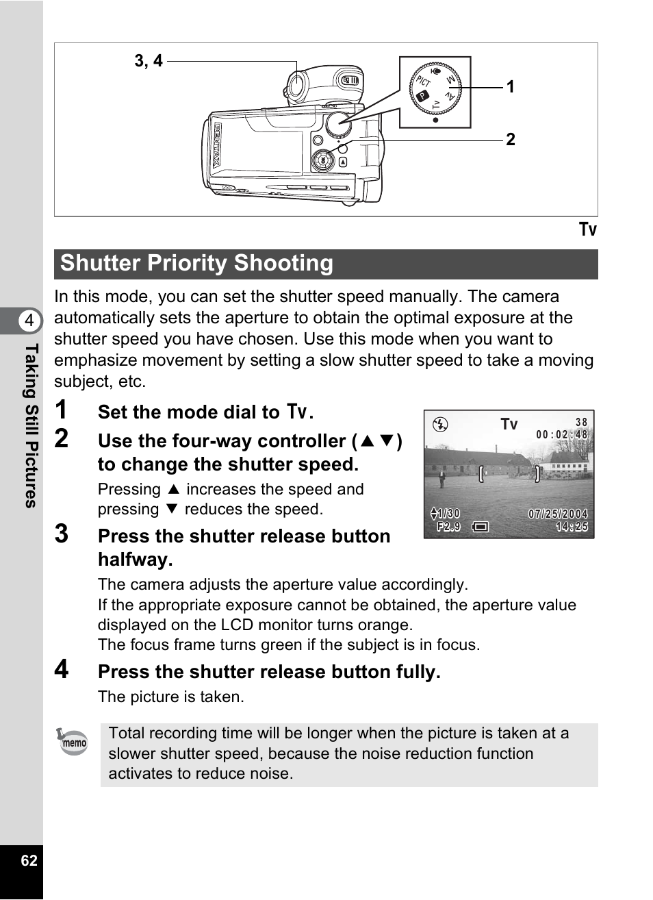 Shutter priority shooting, P.62, Set the mode dial to b | Press the shutter release button halfway, Press the shutter release button fully | Pentax MX4 User Manual | Page 64 / 148