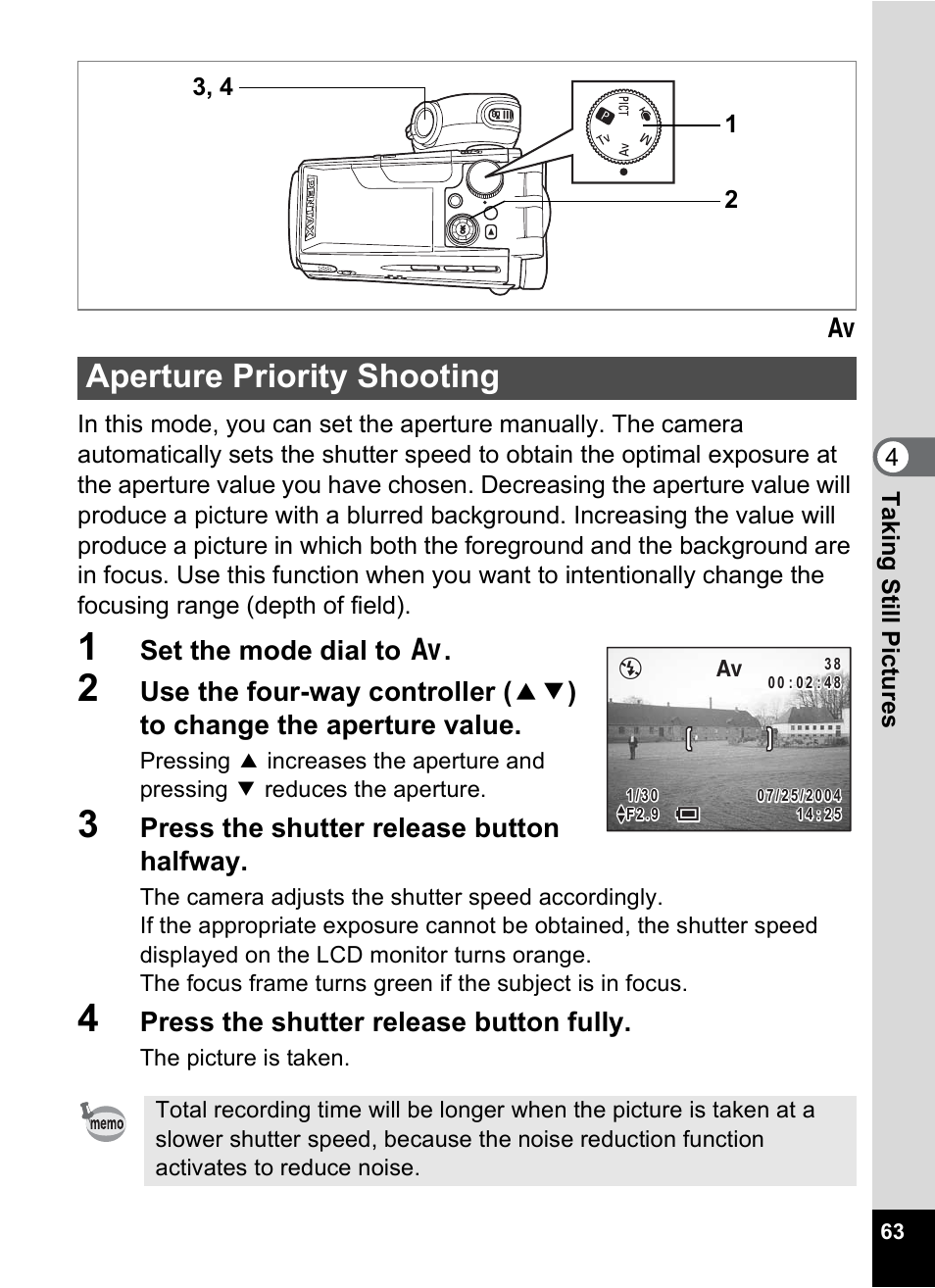 Aperture priority shooting, P.63), P.63 | Set the mode dial to c, Press the shutter release button halfway, Press the shutter release button fully, 4tak ing st ill pic tures | Pentax MX4 User Manual | Page 65 / 148