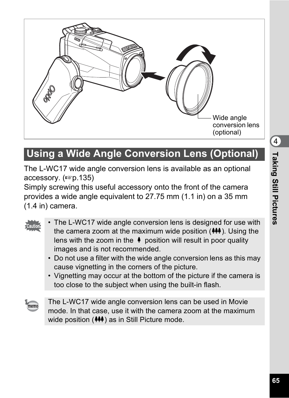 Using a wide angle conversion lens (optional) | Pentax MX4 User Manual | Page 67 / 148