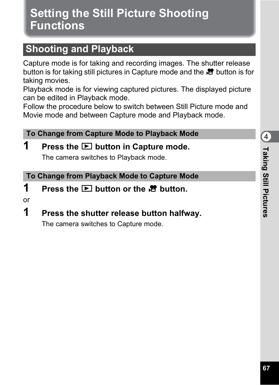 Setting the still picture shooting functions, Shooting and playback, P.67 | Pentax MX4 User Manual | Page 69 / 148