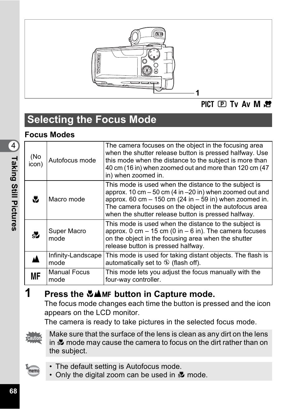 Selecting the focus mode, 1p.68) | Pentax MX4 User Manual | Page 70 / 148