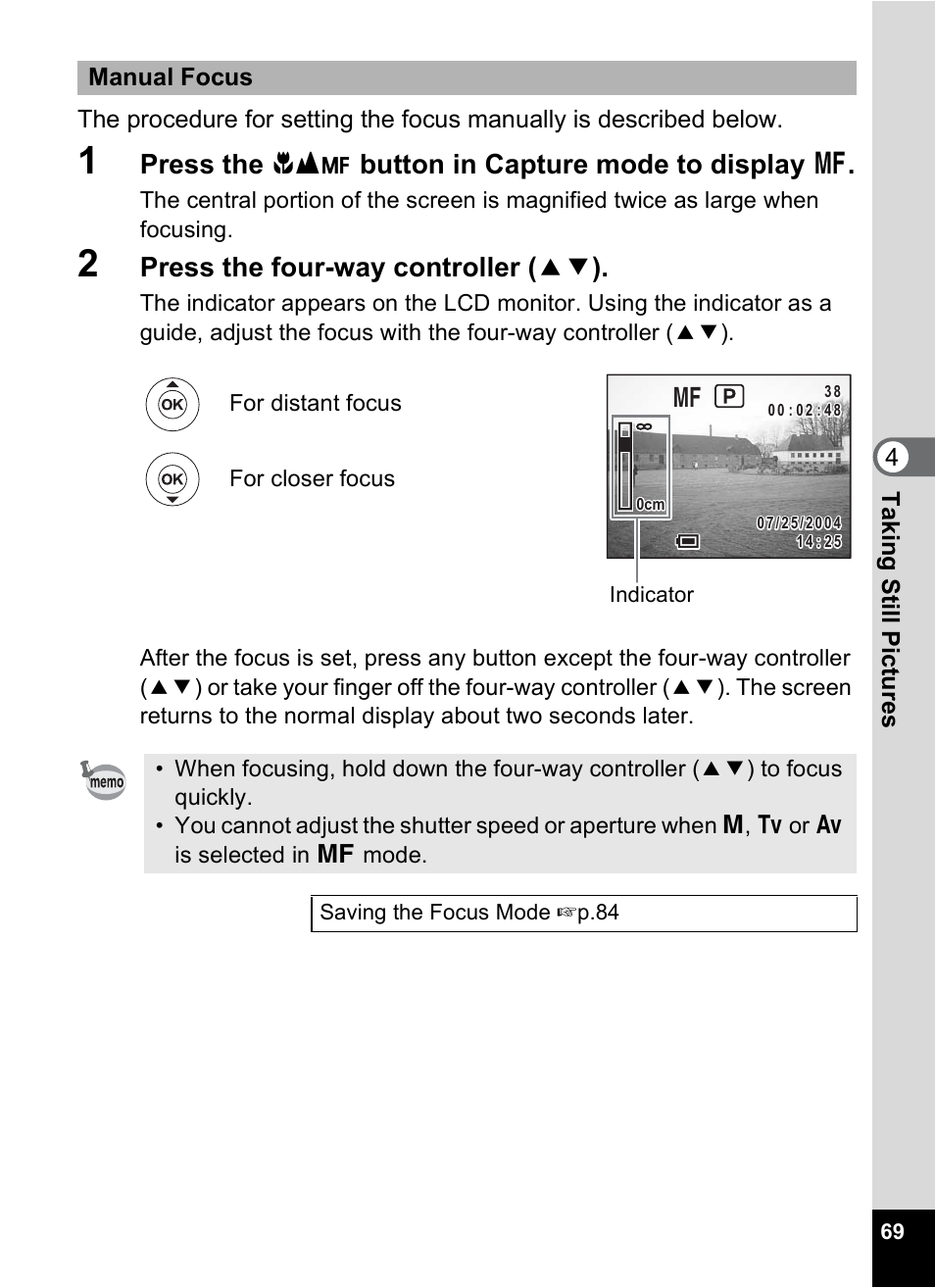 Press the ) button in capture mode to display z, Press the four-way controller ( 23 ), Manual focus | Pentax MX4 User Manual | Page 71 / 148