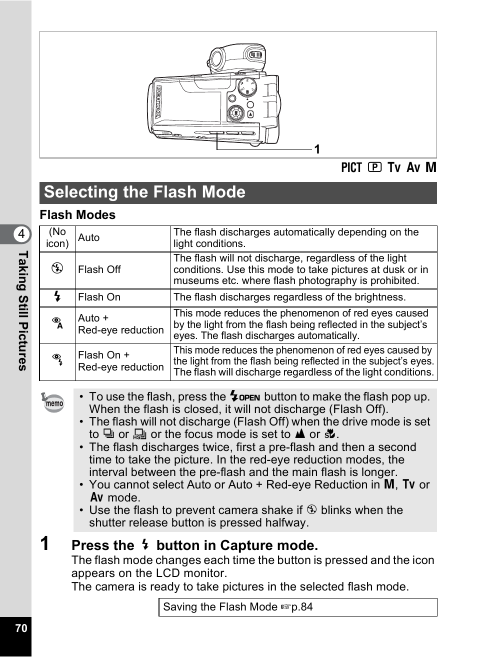 Selecting the flash mode, P.70), Press the b button in capture mode | Pentax MX4 User Manual | Page 72 / 148