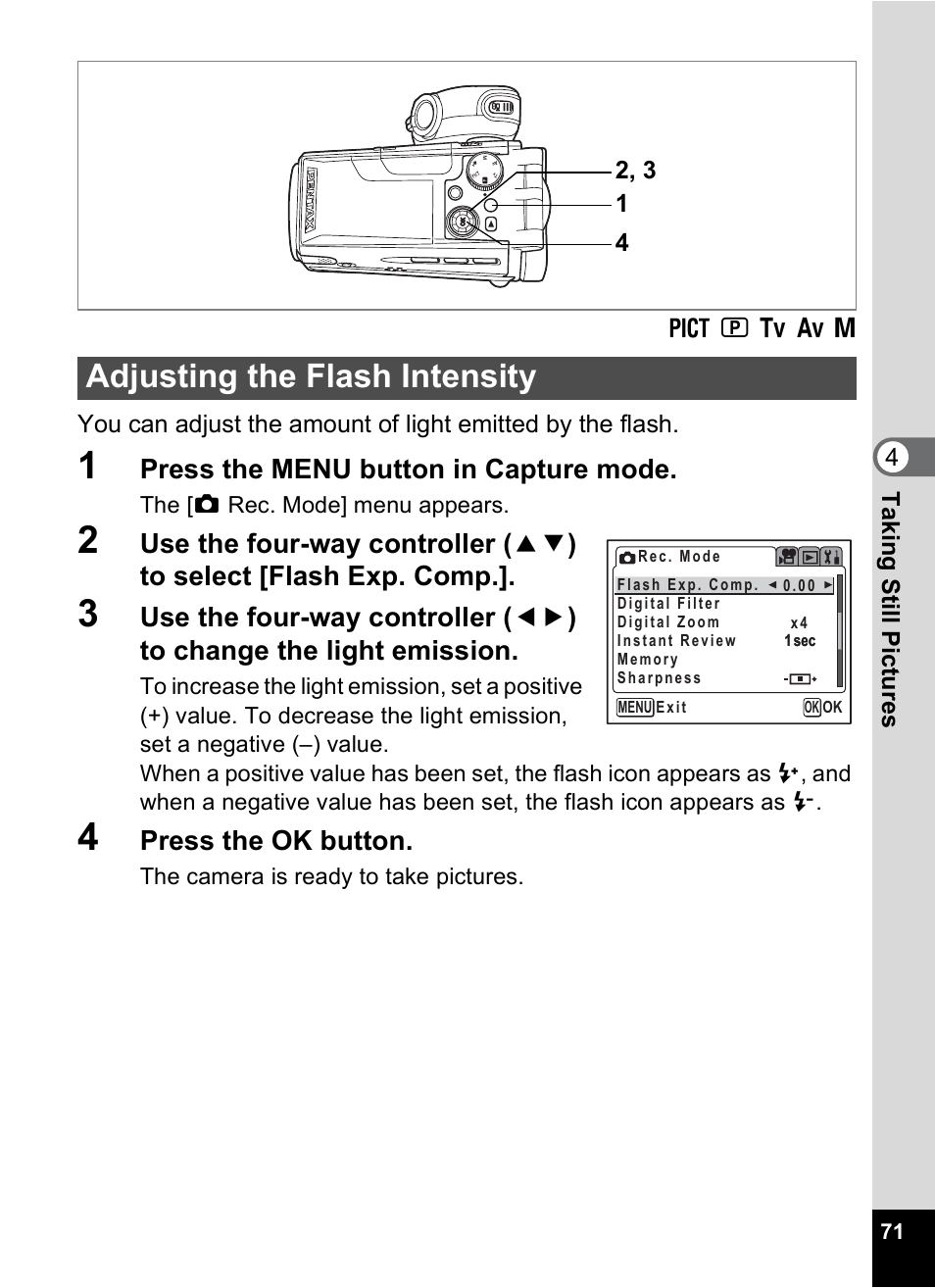 Adjusting the flash intensity, P.71 | Pentax MX4 User Manual | Page 73 / 148