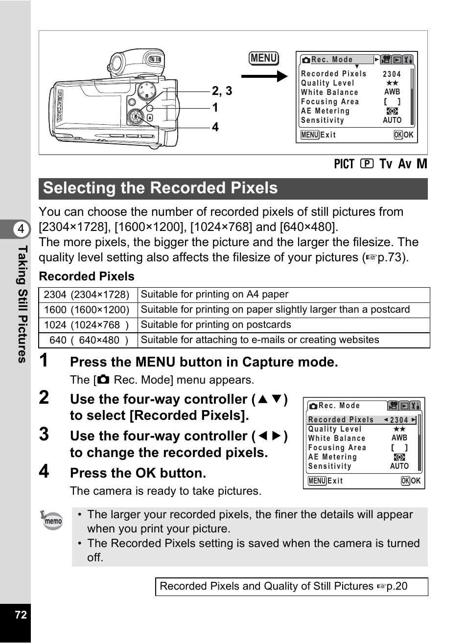 Selecting the recorded pixels, P.72, Press the menu button in capture mode | Press the ok button | Pentax MX4 User Manual | Page 74 / 148
