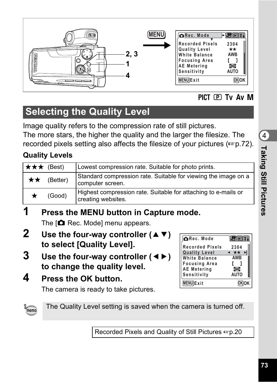 Selecting the quality level, P.73, Press the menu button in capture mode | Press the ok button | Pentax MX4 User Manual | Page 75 / 148
