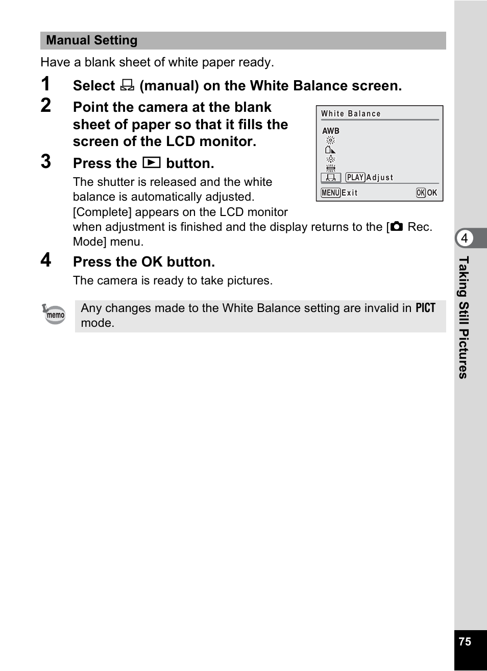 Select k (manual) on the white balance screen, Press the q button, Press the ok button | Pentax MX4 User Manual | Page 77 / 148