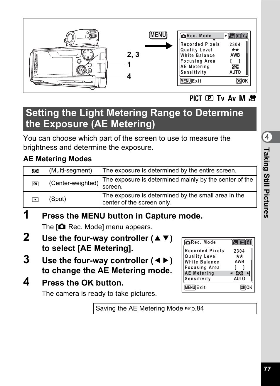 Ae metering), P.77, Press the menu button in capture mode | Press the ok button | Pentax MX4 User Manual | Page 79 / 148