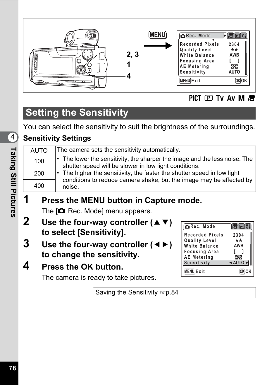 Setting the sensitivity, P.78, Press the menu button in capture mode | Press the ok button | Pentax MX4 User Manual | Page 80 / 148