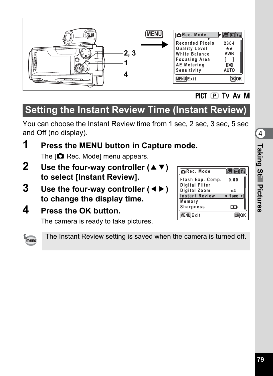 Setting the instant review time (instant review), P.79, Press the menu button in capture mode | Press the ok button | Pentax MX4 User Manual | Page 81 / 148
