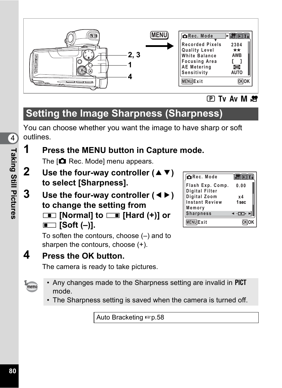 Setting the image sharpness (sharpness), P.80, Press the menu button in capture mode | Press the ok button | Pentax MX4 User Manual | Page 82 / 148