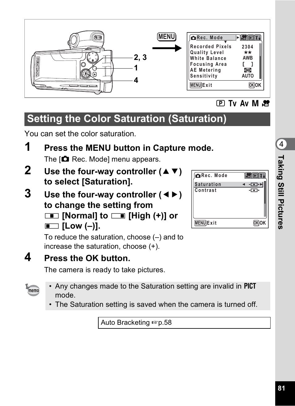 Setting the color saturation (saturation), P.81, Press the menu button in capture mode | Press the ok button | Pentax MX4 User Manual | Page 83 / 148