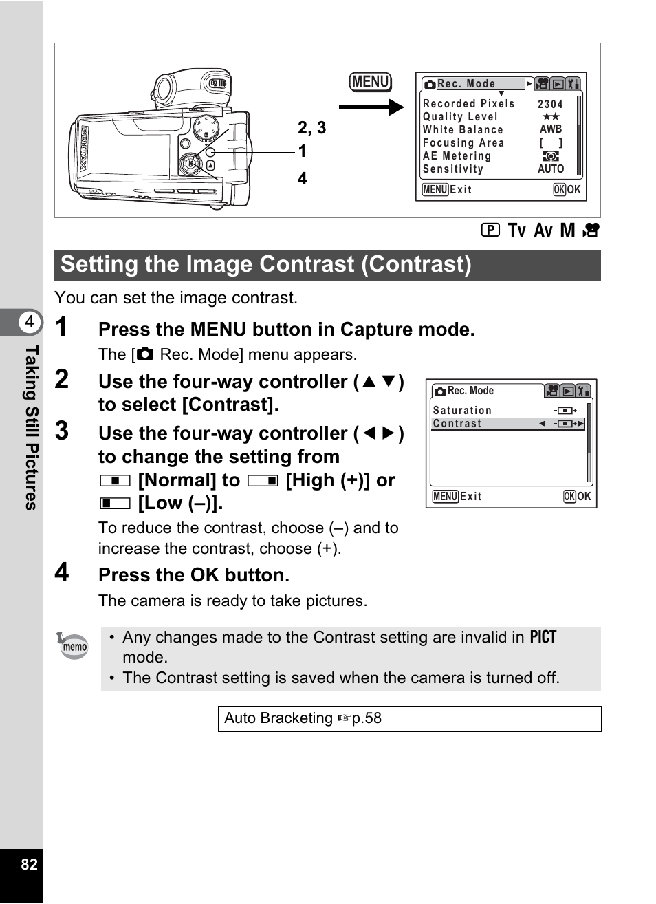 Setting the image contrast (contrast), P.82, Press the menu button in capture mode | Press the ok button | Pentax MX4 User Manual | Page 84 / 148