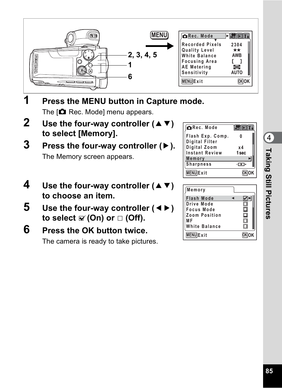 Press the menu button in capture mode, Press the four-way controller ( 5 ), Press the ok button twice | Pentax MX4 User Manual | Page 87 / 148