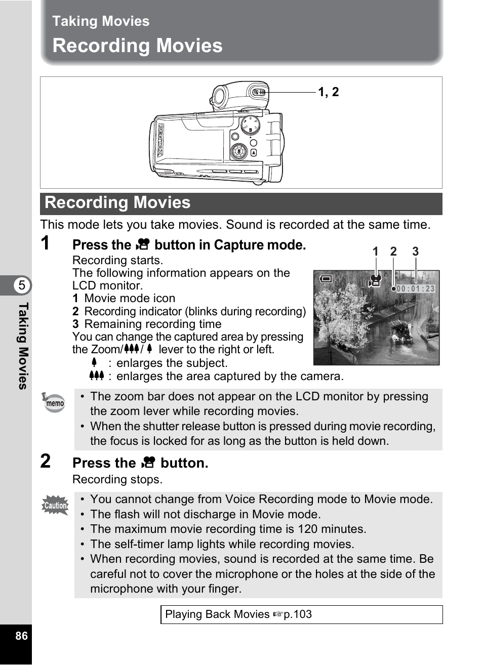 Taking movies, Recording movies, P.86) | Pentax MX4 User Manual | Page 88 / 148
