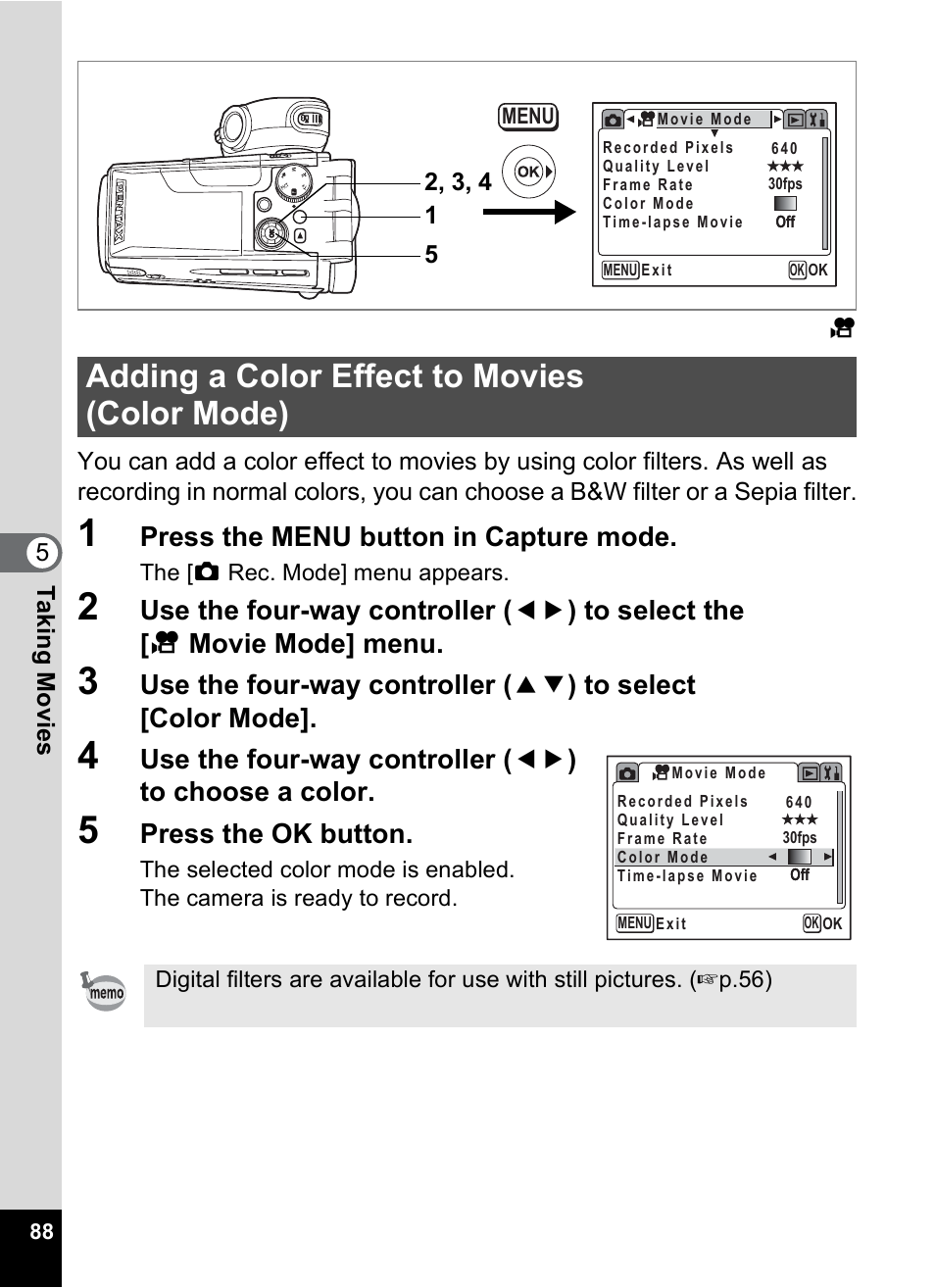 Adding a color effect to movies (color mode), P.88, Press the menu button in capture mode | Press the ok button | Pentax MX4 User Manual | Page 90 / 148