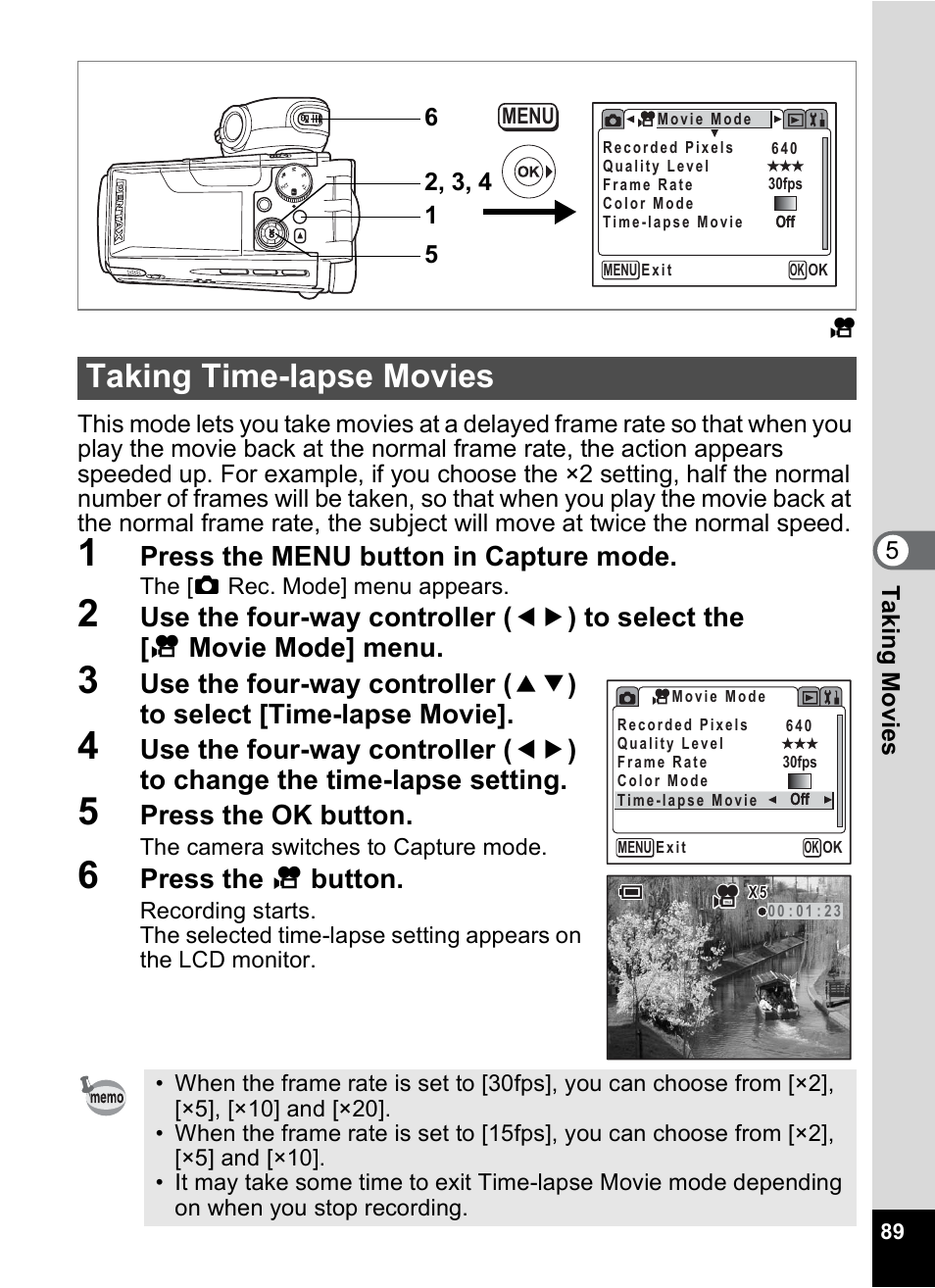 Taking time-lapse movies, P.89, Press the menu button in capture mode | Press the ok button, Press the c button | Pentax MX4 User Manual | Page 91 / 148