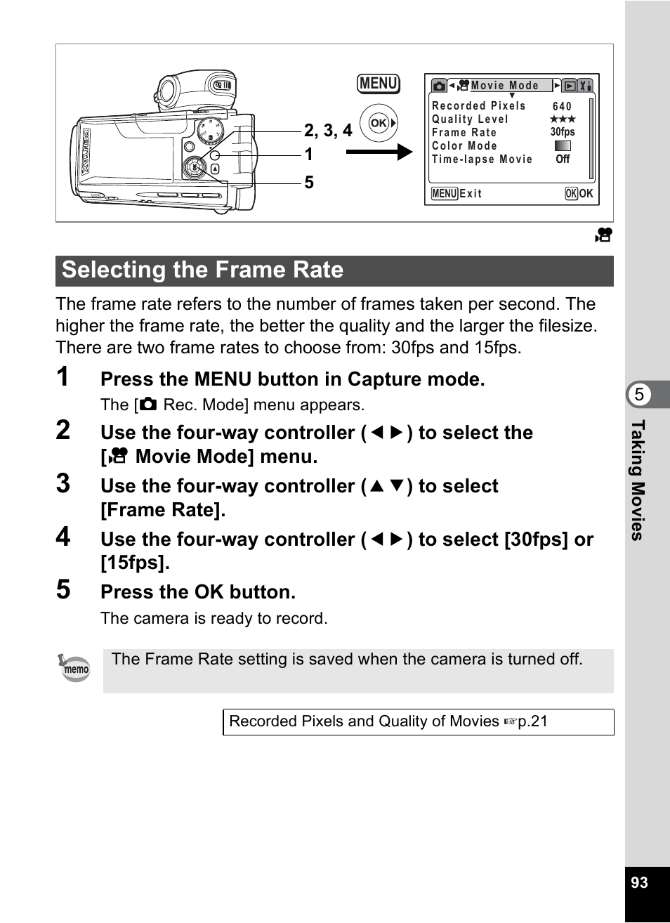 Selecting the frame rate, P.93 | Pentax MX4 User Manual | Page 95 / 148