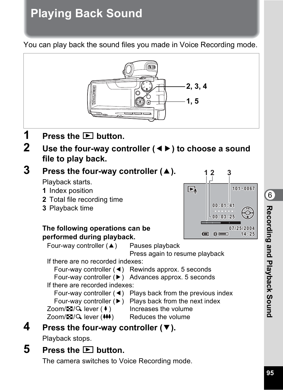 Playing back sound, P.95), P.95 | Press the q button, Press the four-way controller ( 2 ), Press the four-way controller ( 3 ), 6r eco rd ing and playb ack soun d | Pentax MX4 User Manual | Page 97 / 148