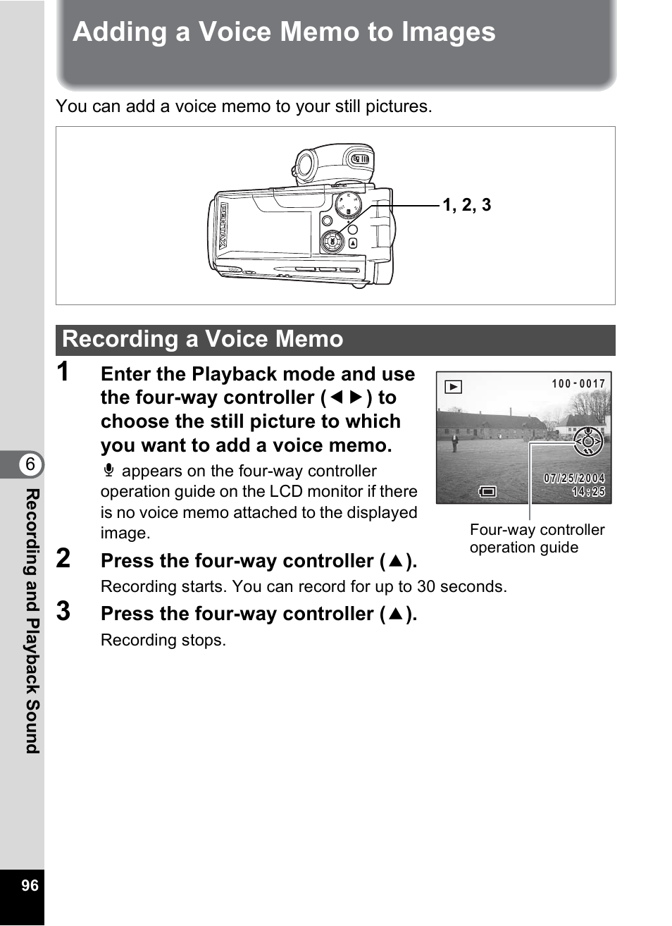 Adding a voice memo to images, Recording a voice memo, P.96 | Press the four-way controller ( 2 ) | Pentax MX4 User Manual | Page 98 / 148