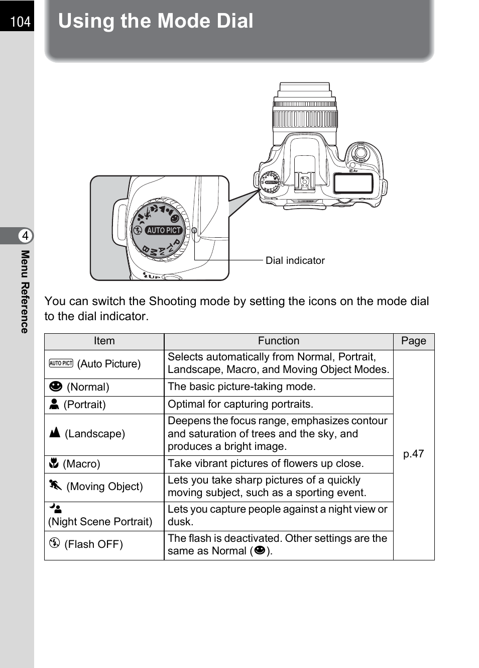 Using the mode dial, P.104), G mode. (p.104 | Pentax L User Manual | Page 106 / 208