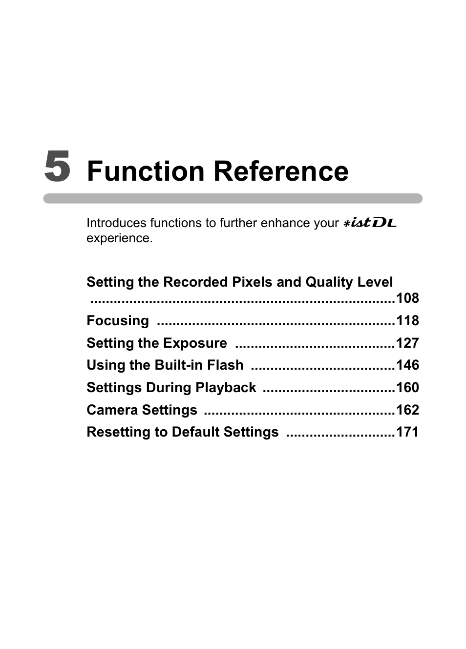 5 function reference, Function reference | Pentax L User Manual | Page 109 / 208