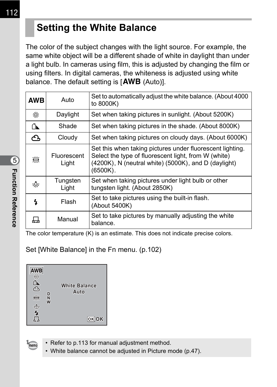 Setting the white balance, E (p.112), P.112) | P.112 | Pentax L User Manual | Page 114 / 208