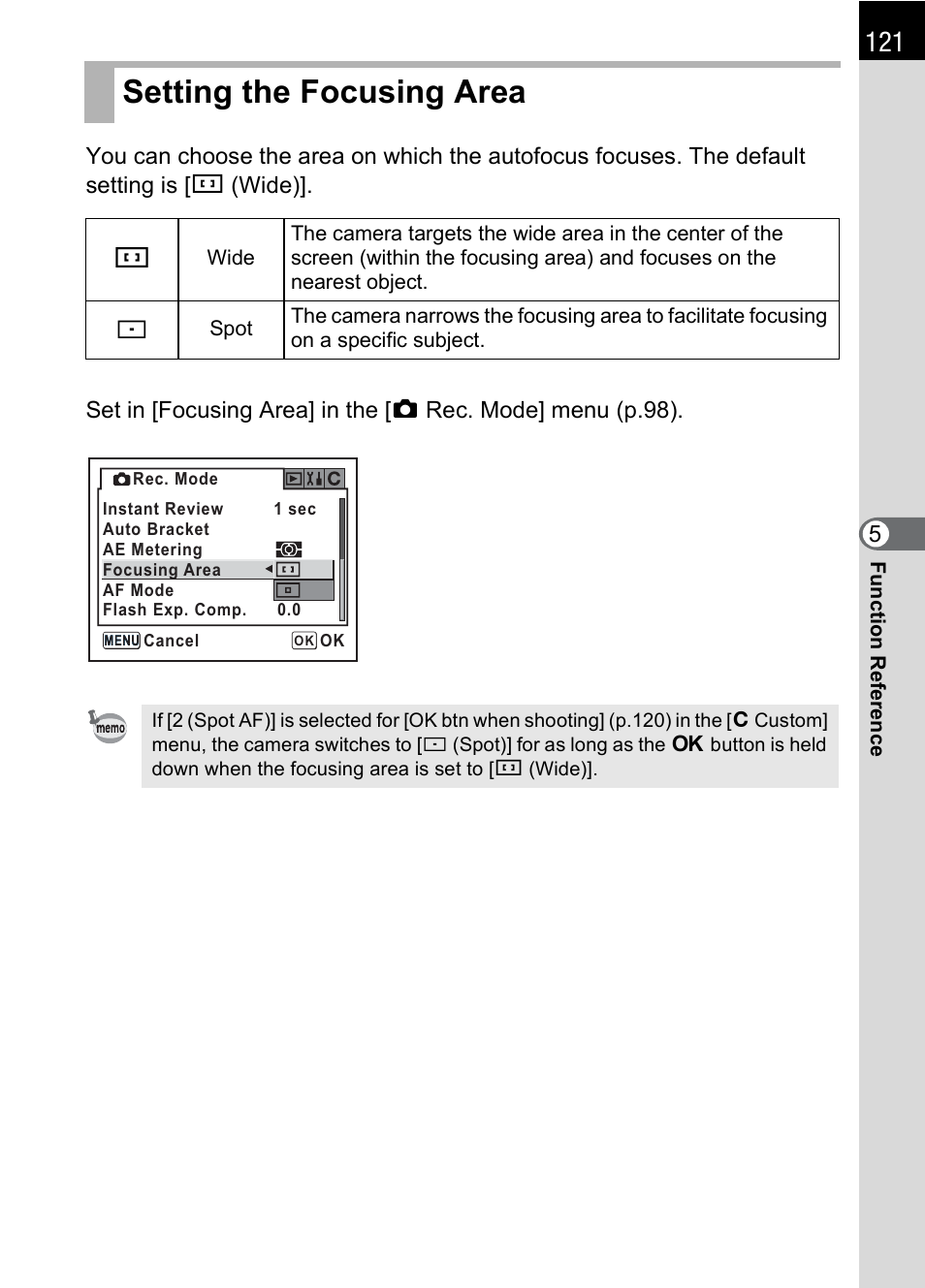 Setting the focusing area, P.121), P.121 | Pentax L User Manual | Page 123 / 208