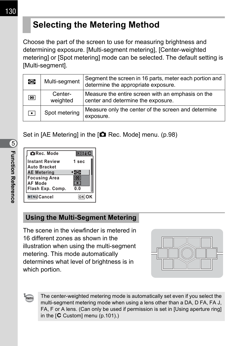 Selecting the metering method, P.130, P.130) | Using the multi-segment metering | Pentax L User Manual | Page 132 / 208