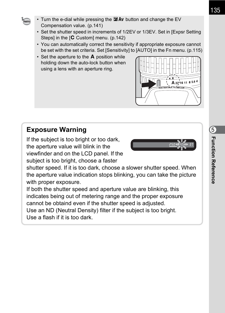 Exposure warning | Pentax L User Manual | Page 137 / 208