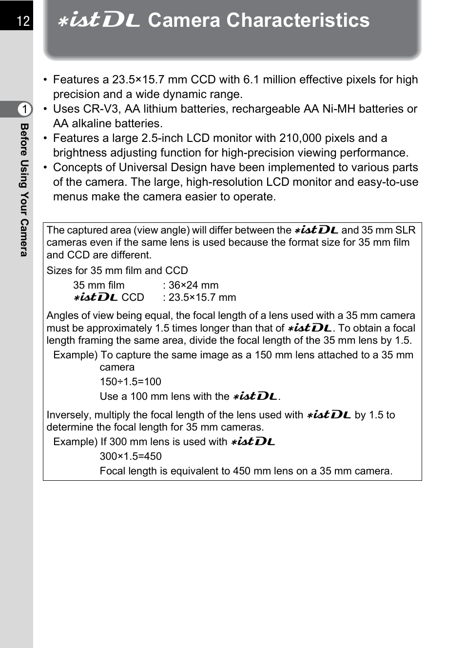 Istdl camera characteristics, Camera characteristics, Lcamera characteristics | Pentax L User Manual | Page 14 / 208