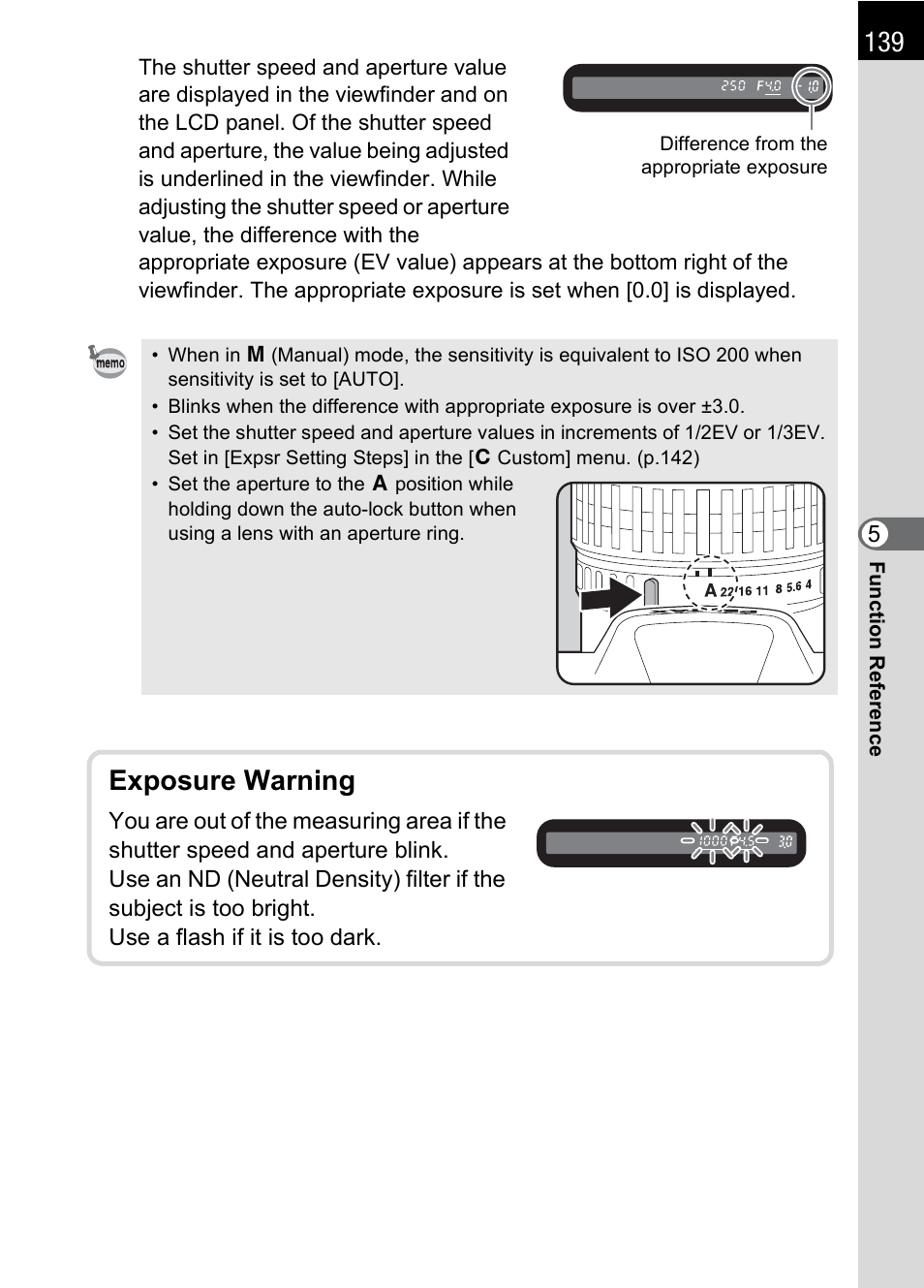 Exposure warning | Pentax L User Manual | Page 141 / 208