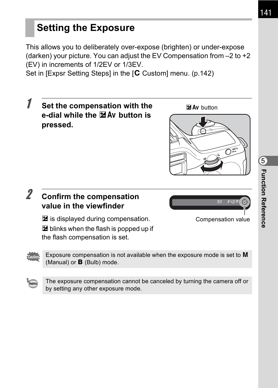 Setting the exposure, P.141), On (p.141) | Pentax L User Manual | Page 143 / 208