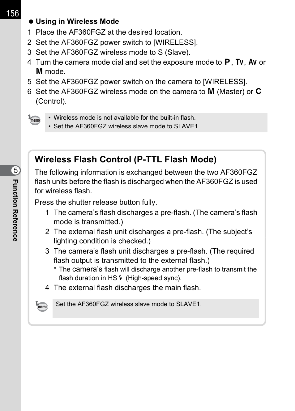 Wireless flash control (p-ttl flash mode) | Pentax L User Manual | Page 158 / 208