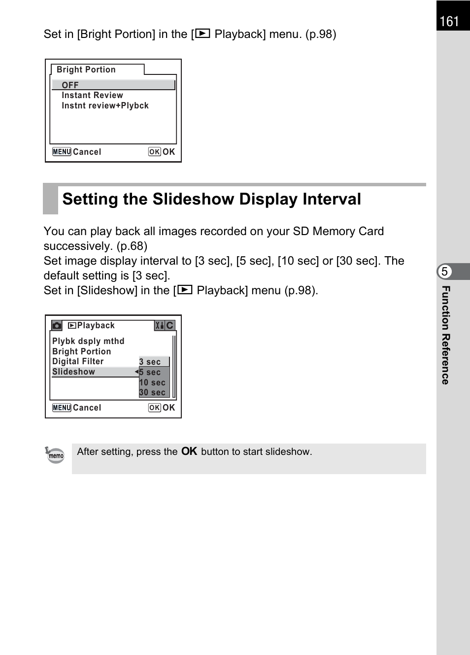 Setting the slideshow display interval | Pentax L User Manual | Page 163 / 208