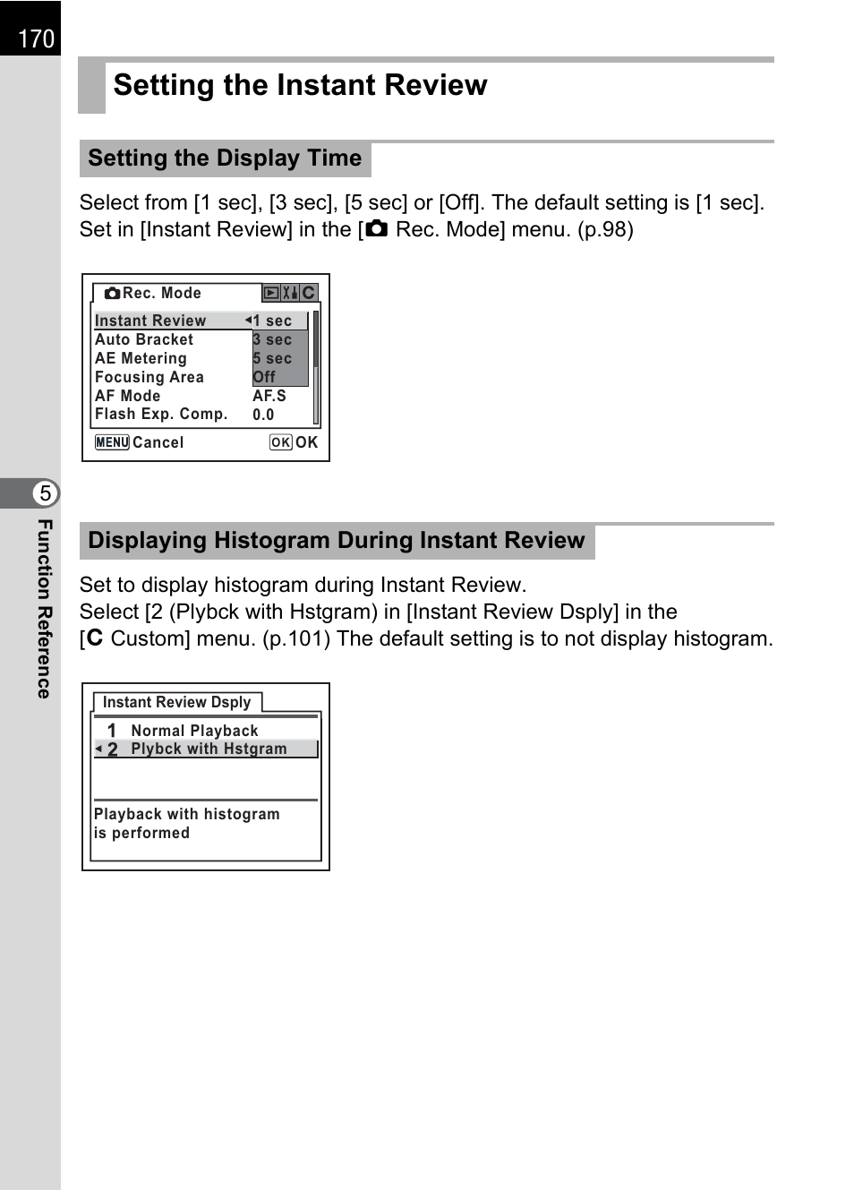 Setting the instant review, Setting the display time (p.170), P.170 | Pentax L User Manual | Page 172 / 208