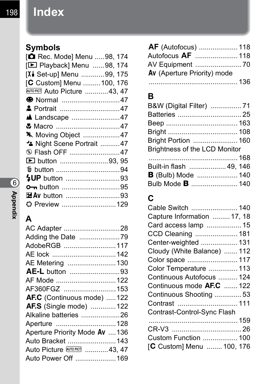 Index, Symbols | Pentax L User Manual | Page 200 / 208