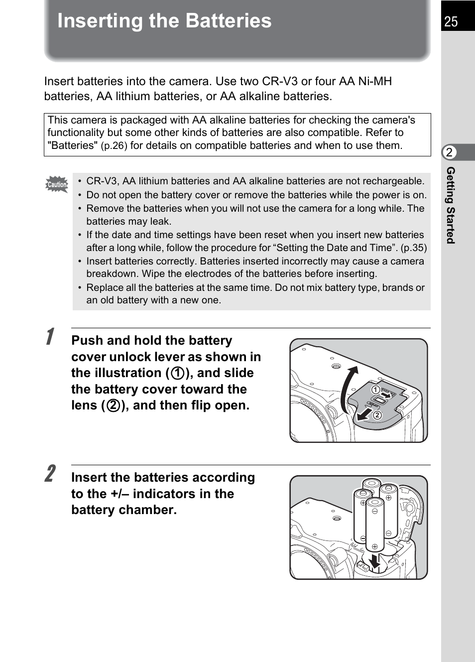 Inserting the batteries | Pentax L User Manual | Page 27 / 208