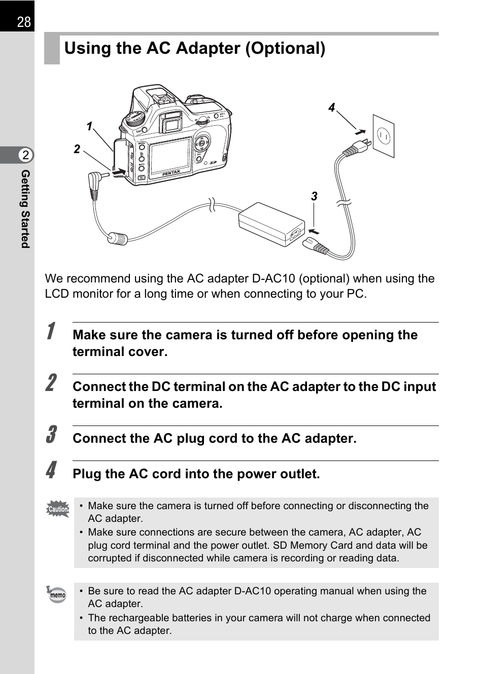 Using the ac adapter (optional) | Pentax L User Manual | Page 30 / 208