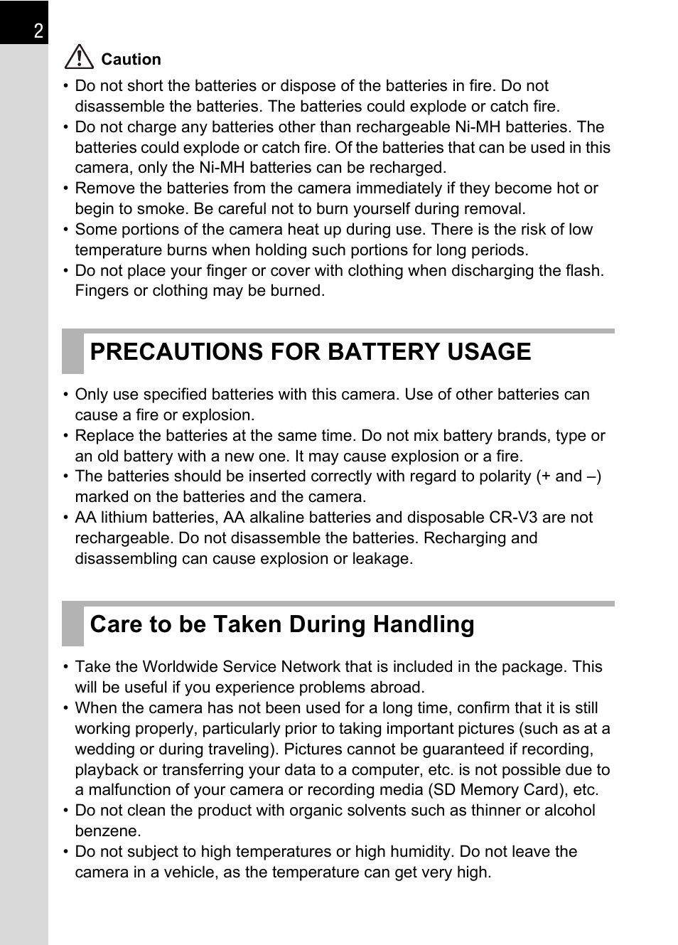 Precautions for battery usage, Care to be taken during handling | Pentax L User Manual | Page 4 / 208