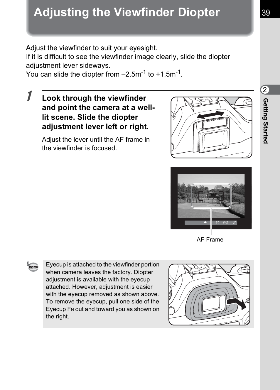 Adjusting the viewfinder diopter, P.39) | Pentax L User Manual | Page 41 / 208