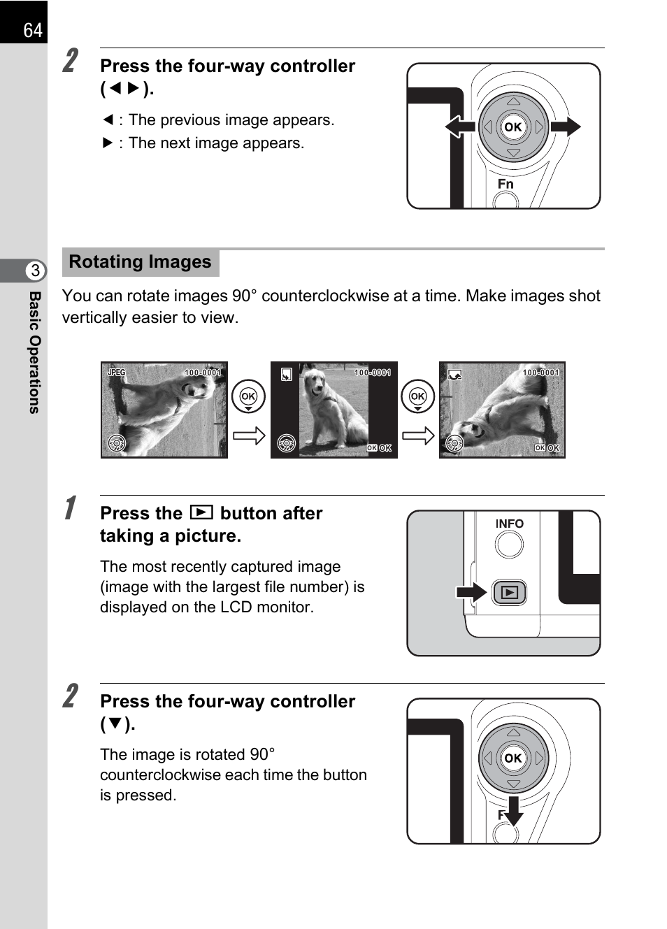 P.64), Press the four-way controller ( 45 ), Press the q button after taking a picture | Press the four-way controller ( 3 ), Rotating images | Pentax L User Manual | Page 66 / 208