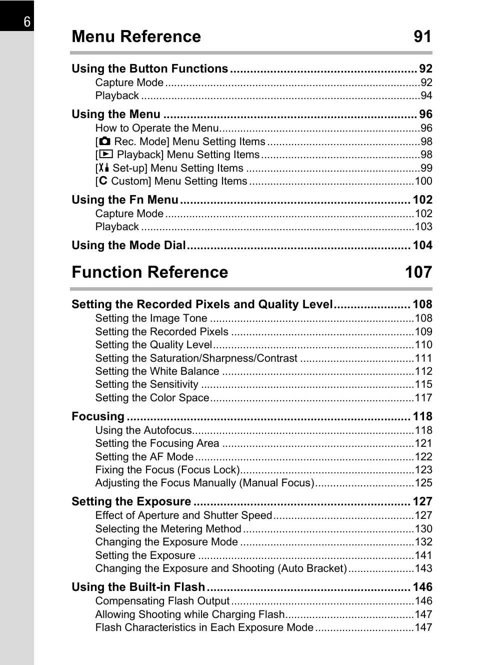 Menu reference 91, Function reference 107 | Pentax L User Manual | Page 8 / 208